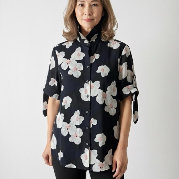 Banana Republic Tops - Banana Republic Dillon Floral Button Down Shirt XS Black White Orchid Print Top